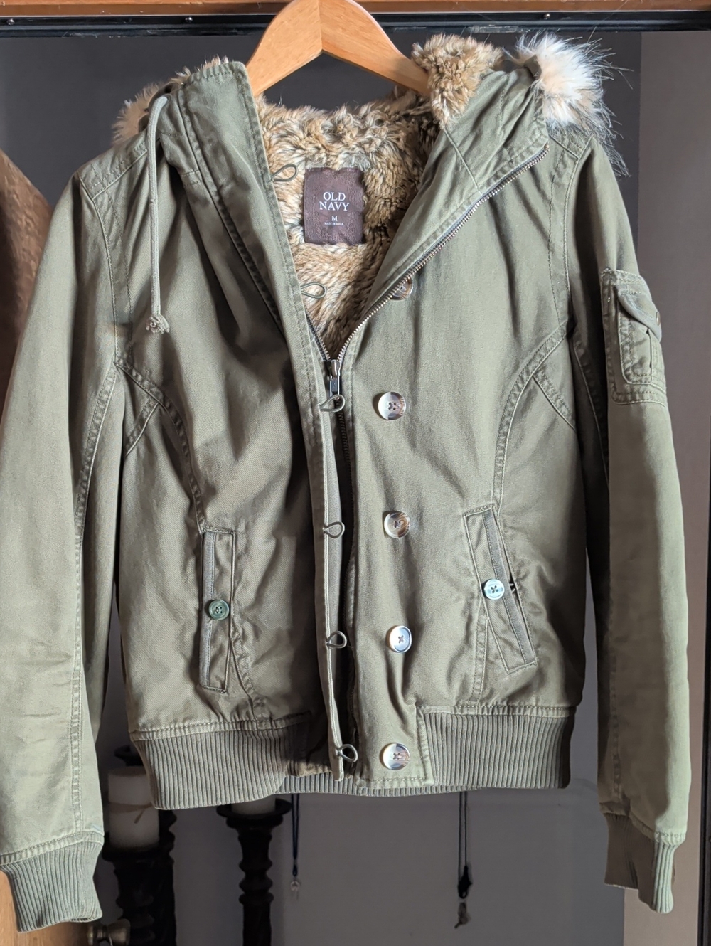 Old Navy Women's Olive Green Hooded Field Jacket with Faux-Fur Trim